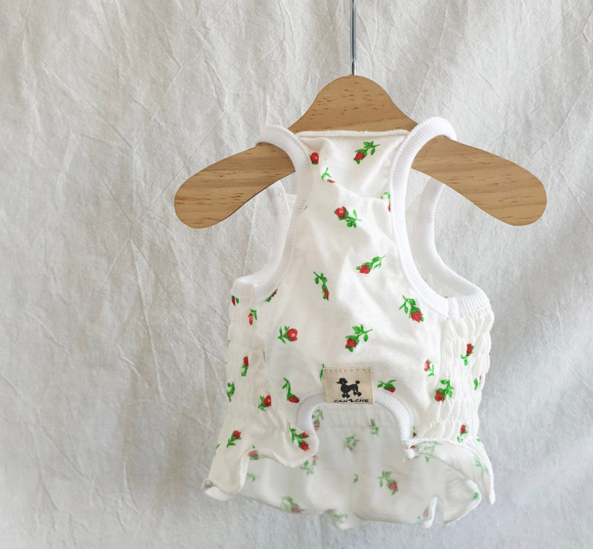 Rose smocked dog crop top in white with red rose floral pattern