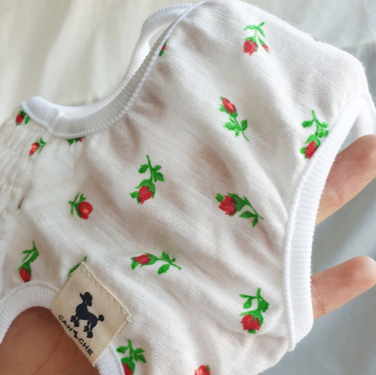 Rose Smocked Dog Crop Top in white with red rose pattern