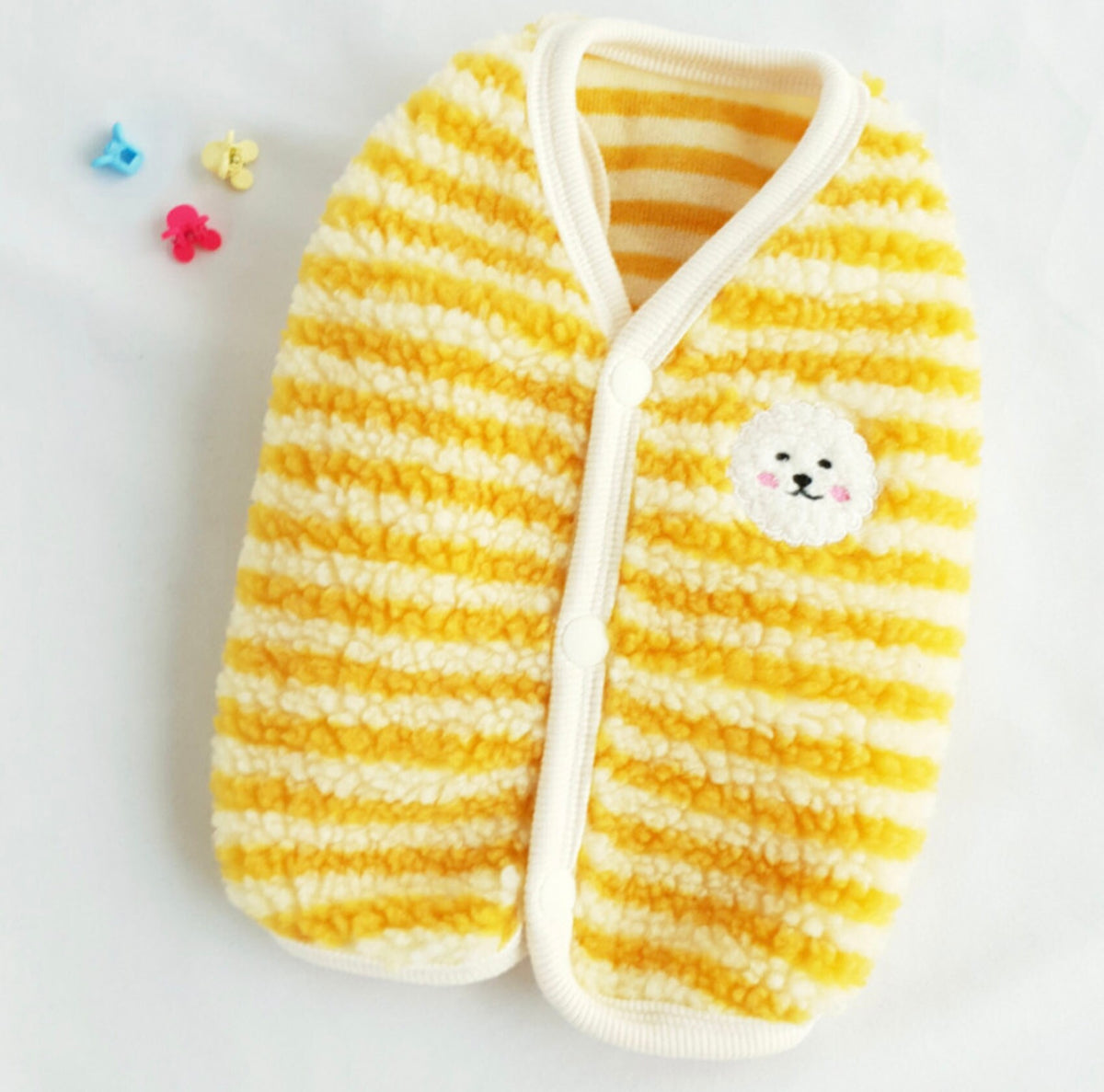 NKpup yellow and white stripe fleece dog vest with a small white puppy patch.