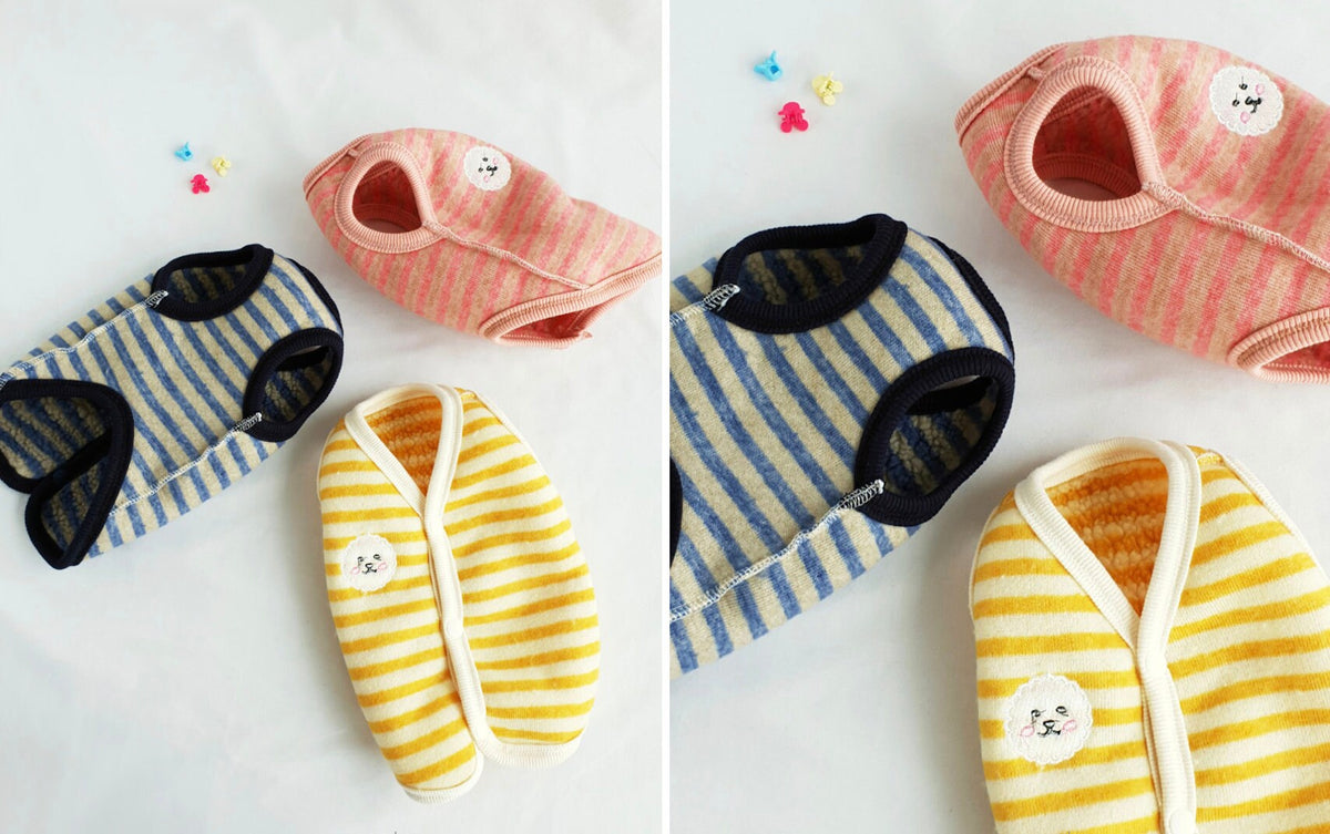 NKpup stripe fleece dog vests in blue, pink, and yellow colors.