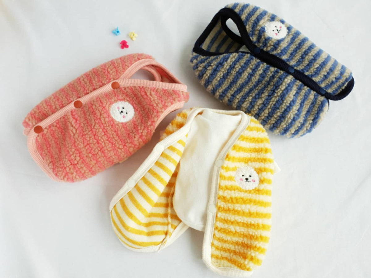 NKpup stripe fleece dog vests in pink, blue, and yellow with cute dog face embroidery