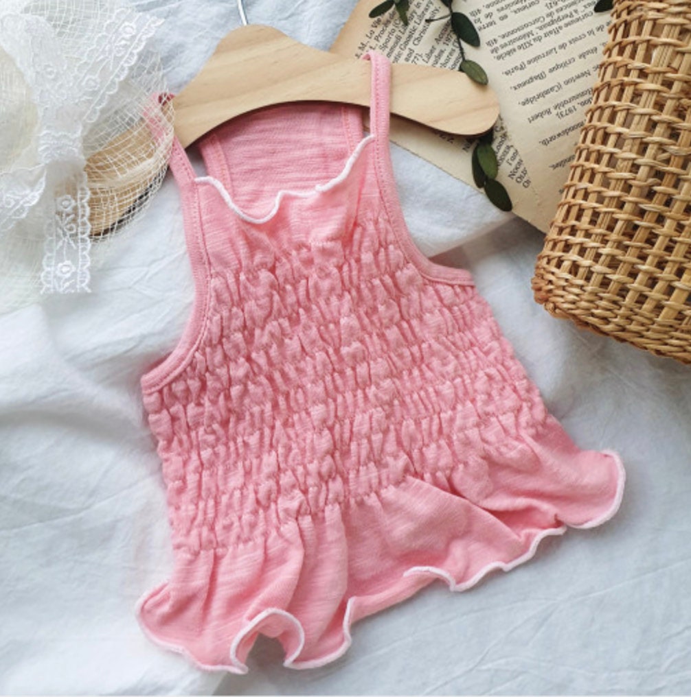 NKpup solid pink smocked dog crop top with ruffled edges