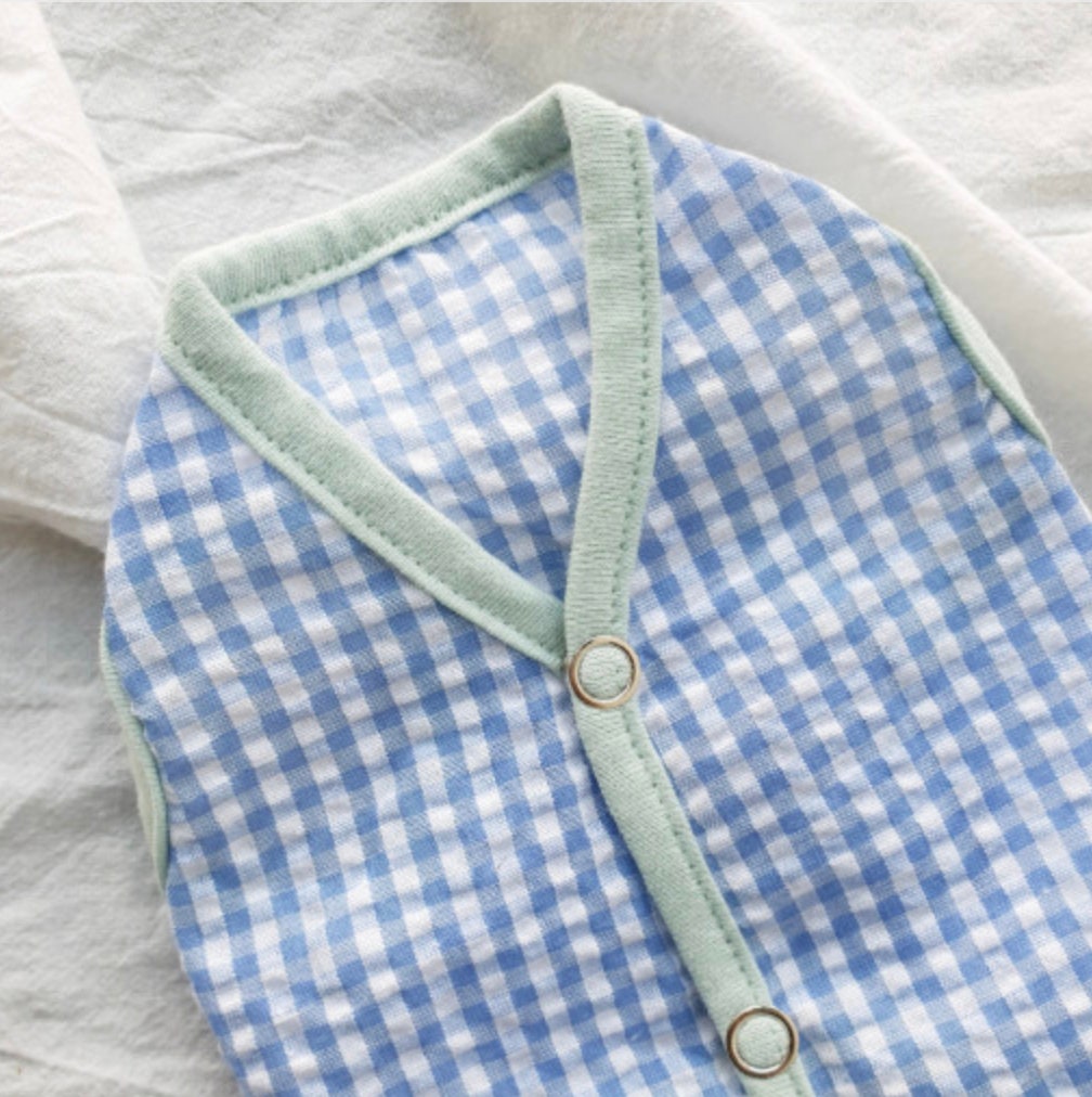 NKpup vintage-inspired blue and white gingham dog vest with light green trim and buttons