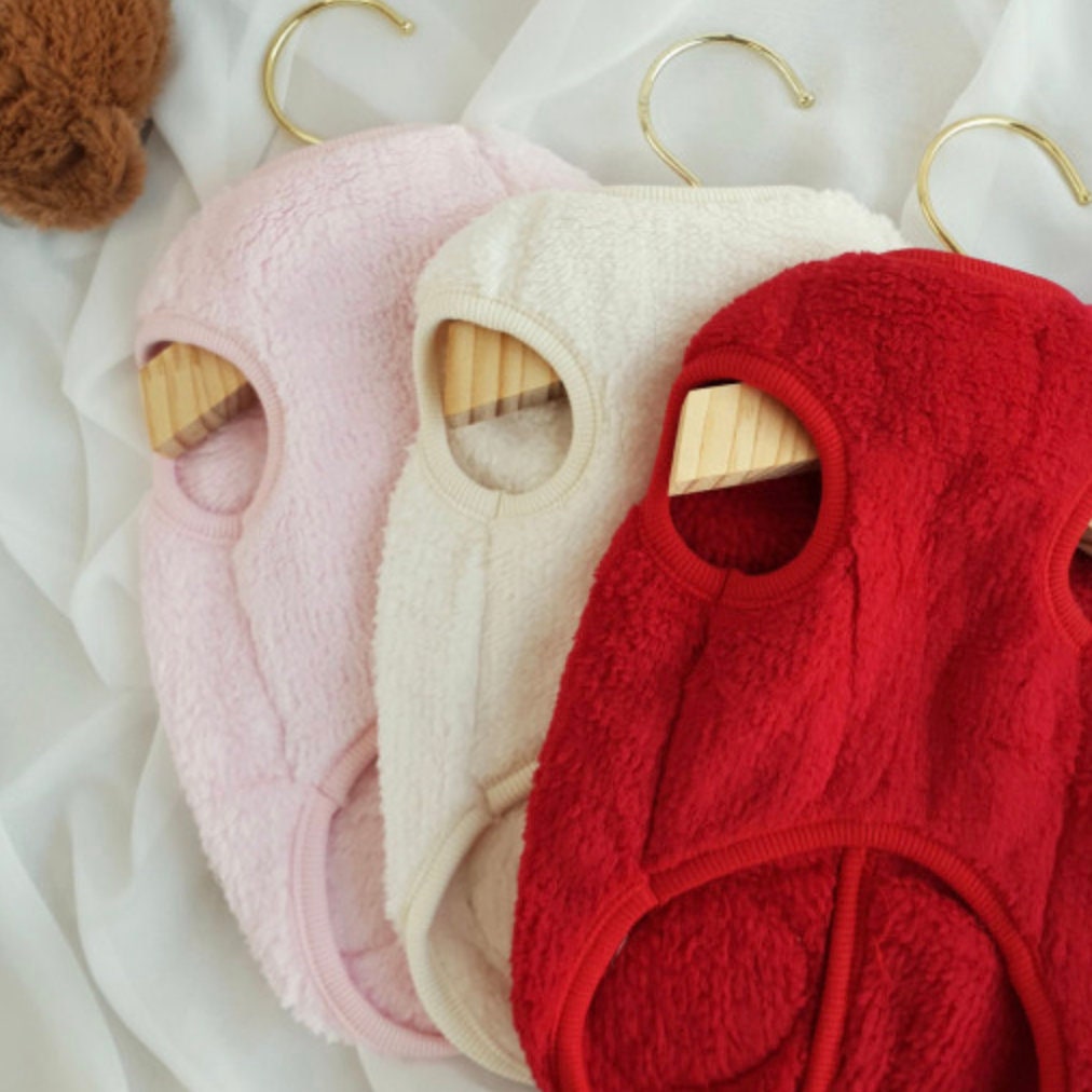 Teddy fleece dog vests in pink, cream, and red colors by NKpup