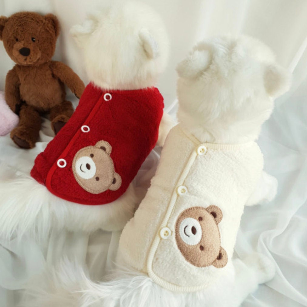 NKpup Teddy Fleece Dog Vests in red and cream with bear patch details