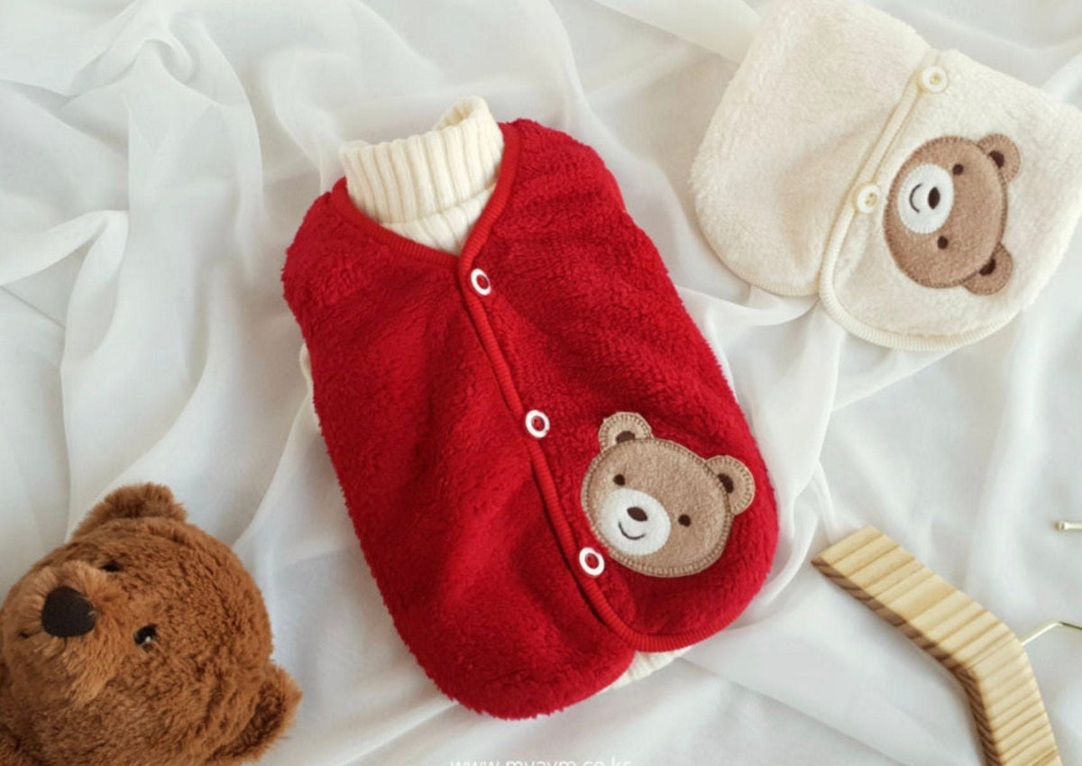 Red Teddy Fleece Dog Vest with a cute bear patch and white ribbed collar by NKpup