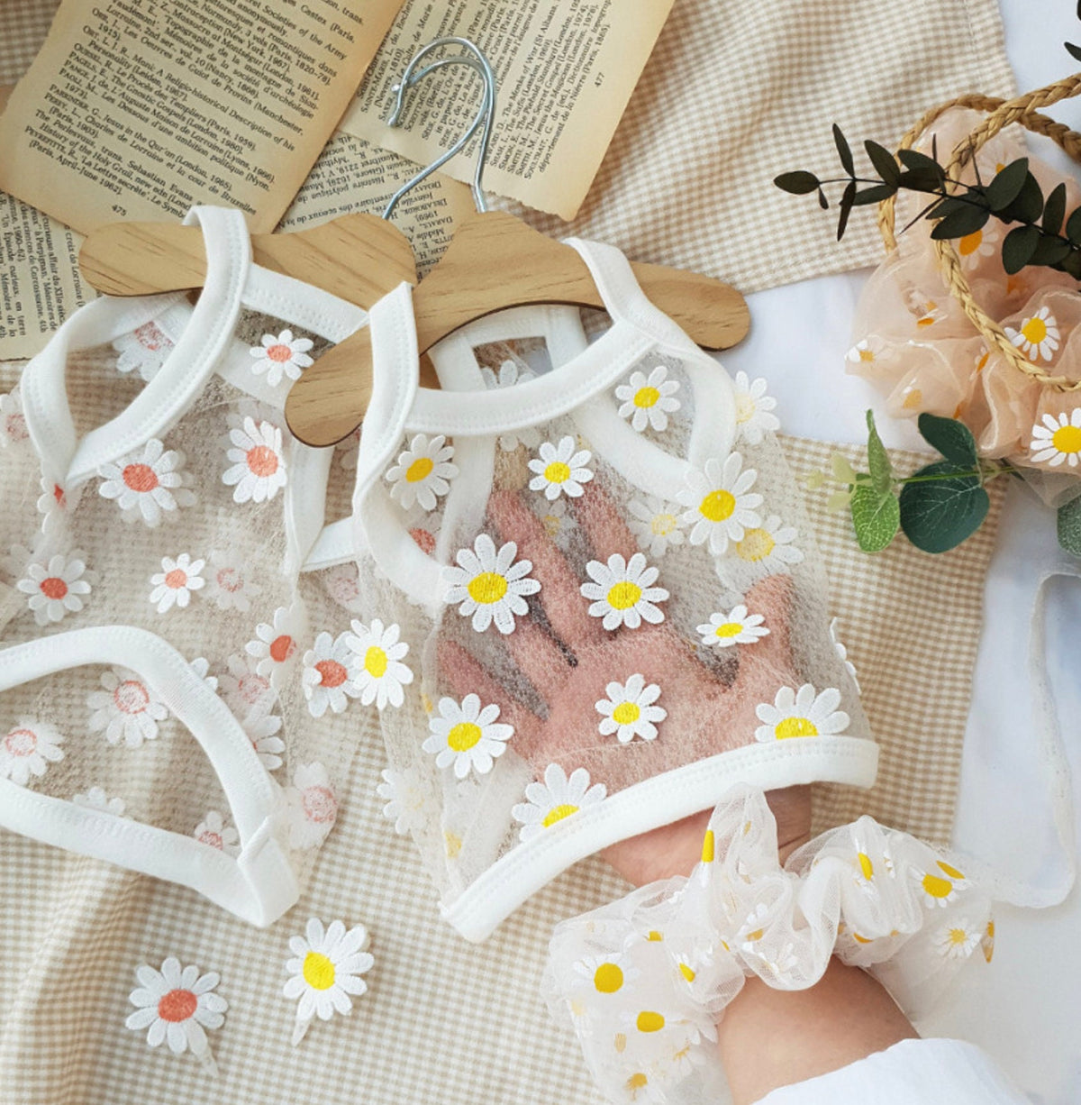 NKpup white daisy chiffon dog crop top with floral embroidery