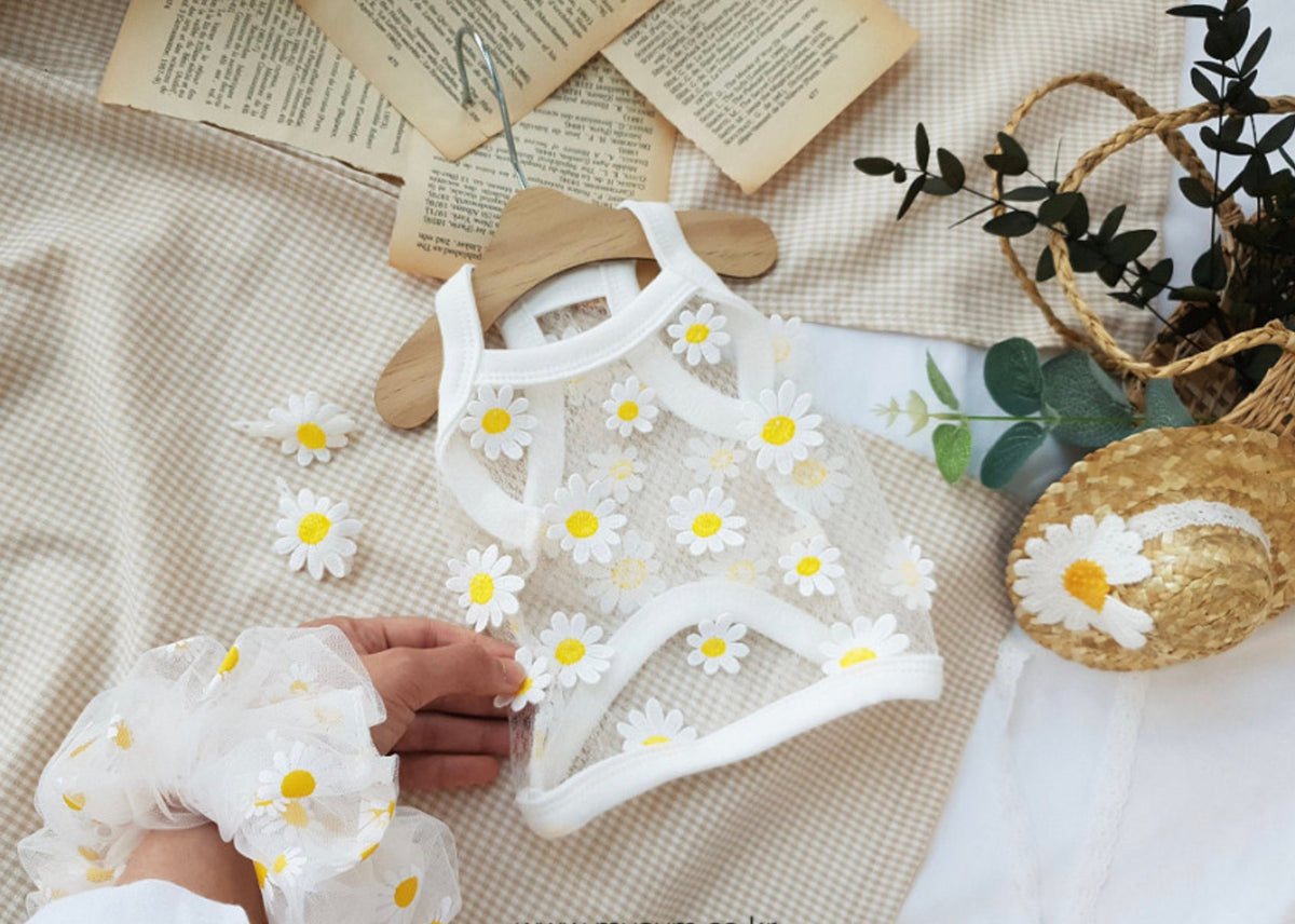 NKpup white daisy chiffon dog crop top with floral embroidery