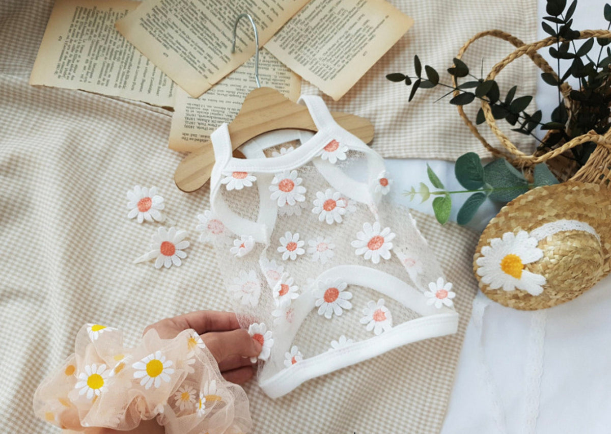 NKpup white daisy chiffon dog crop top with floral embroidery