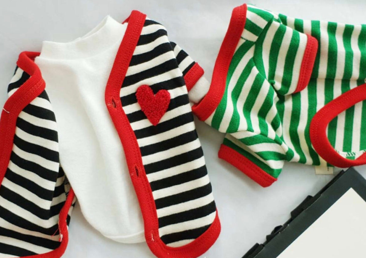 NKpup Heart Stripe Dog Cardigan in black and white with red trim and a red heart detail