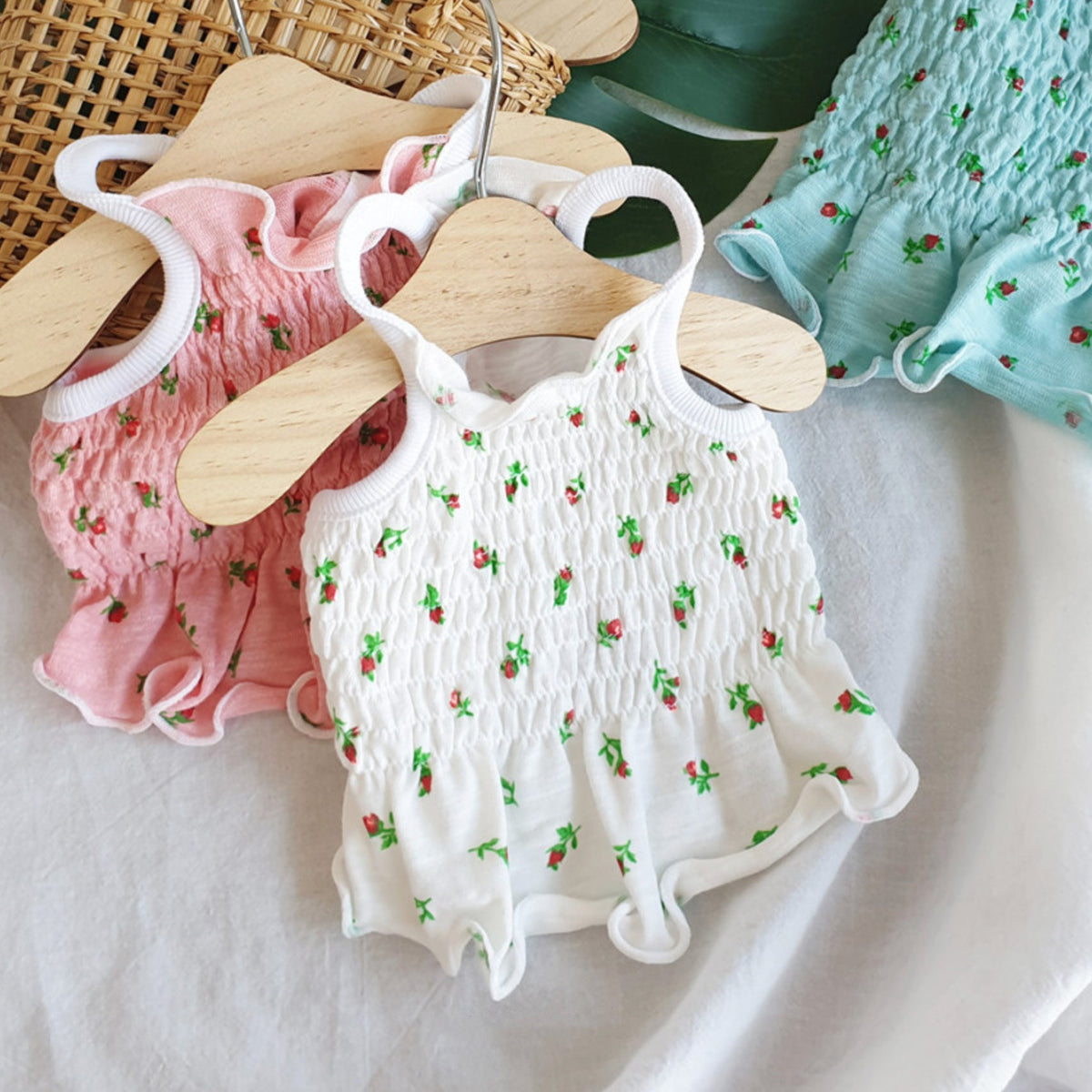 NKpup Rose Smocked Dog Crop Top in white and pink with strawberry patterns