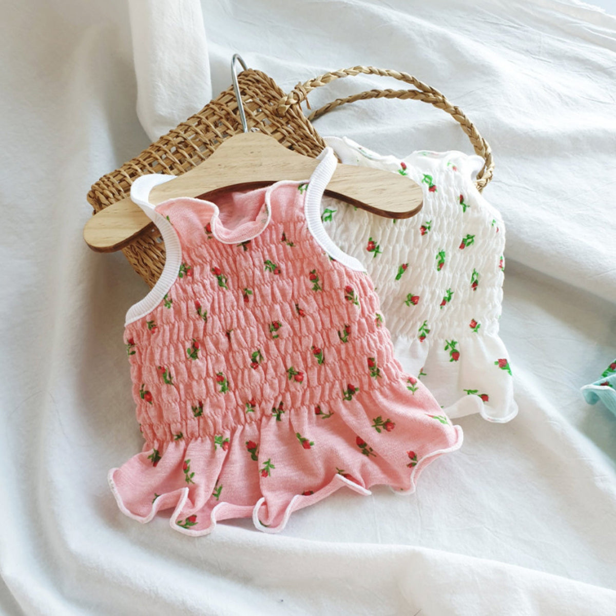NKpup Rose Smocked Dog Crop Top in pink and white with strawberry patterns