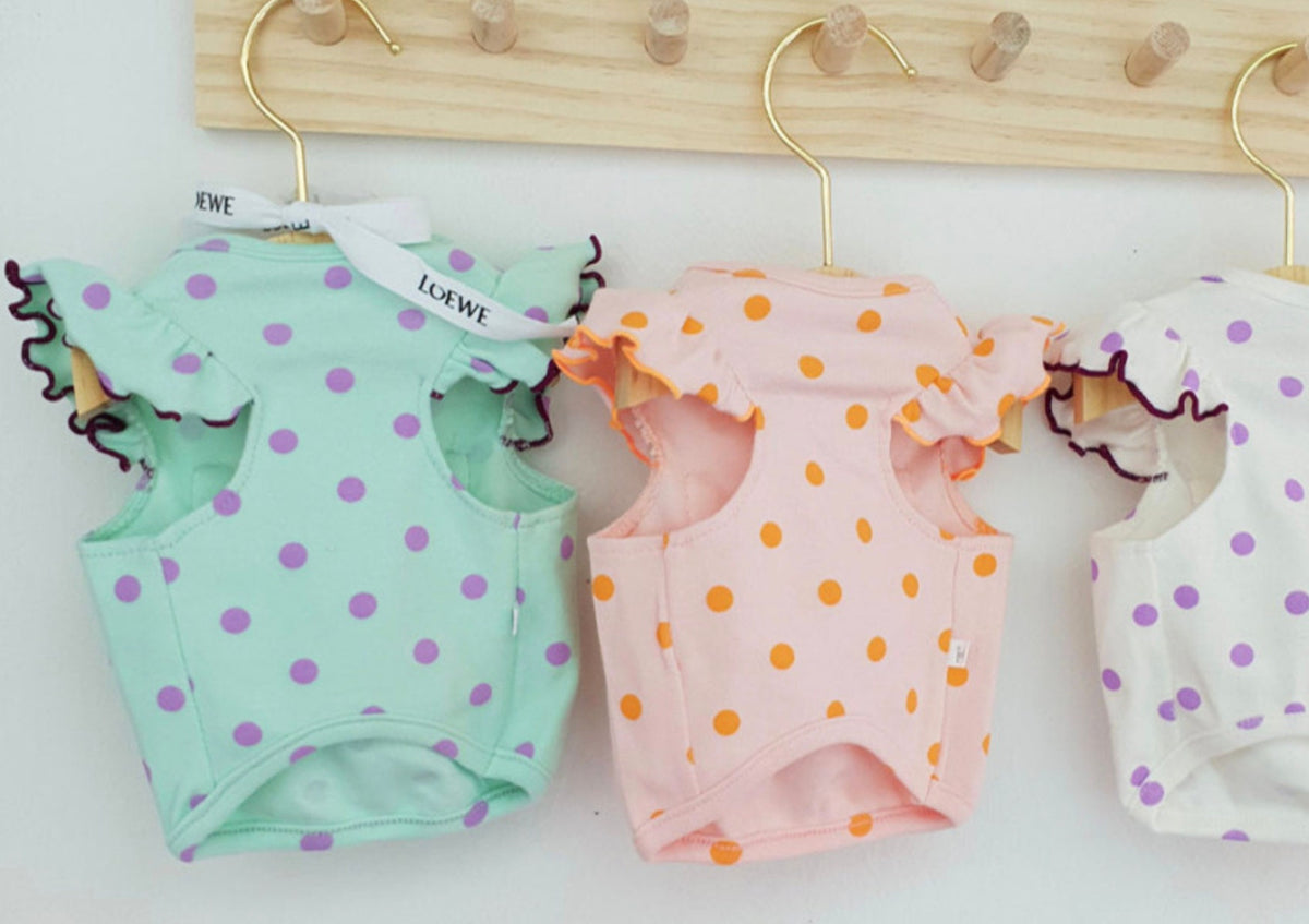 Teddy Bear Pocket Dog Shirt in mint green, peach, and white with colorful polka dots and ruffled sleeves