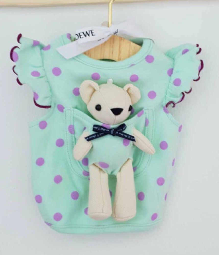 NKpup mint green polka dot dog shirt with a teddy bear in the front pocket