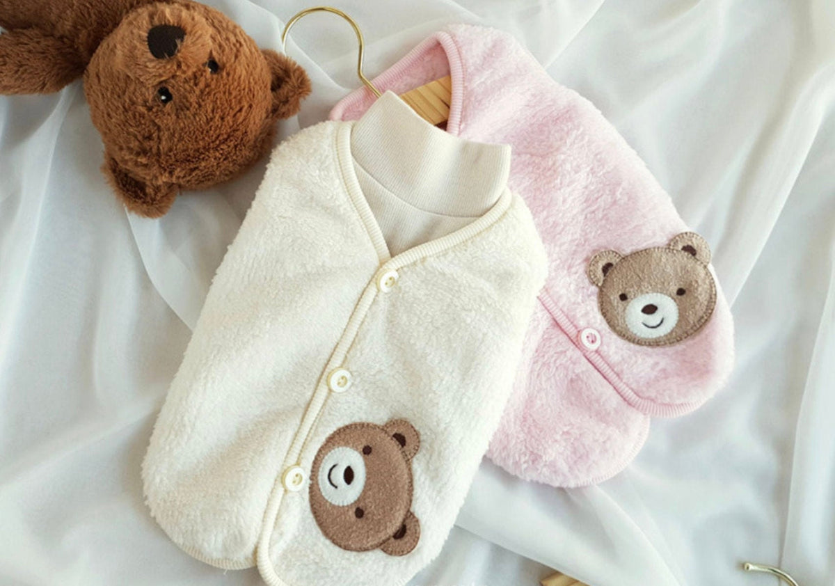 White and pink teddy fleece dog vests with cute bear patches by NKpup