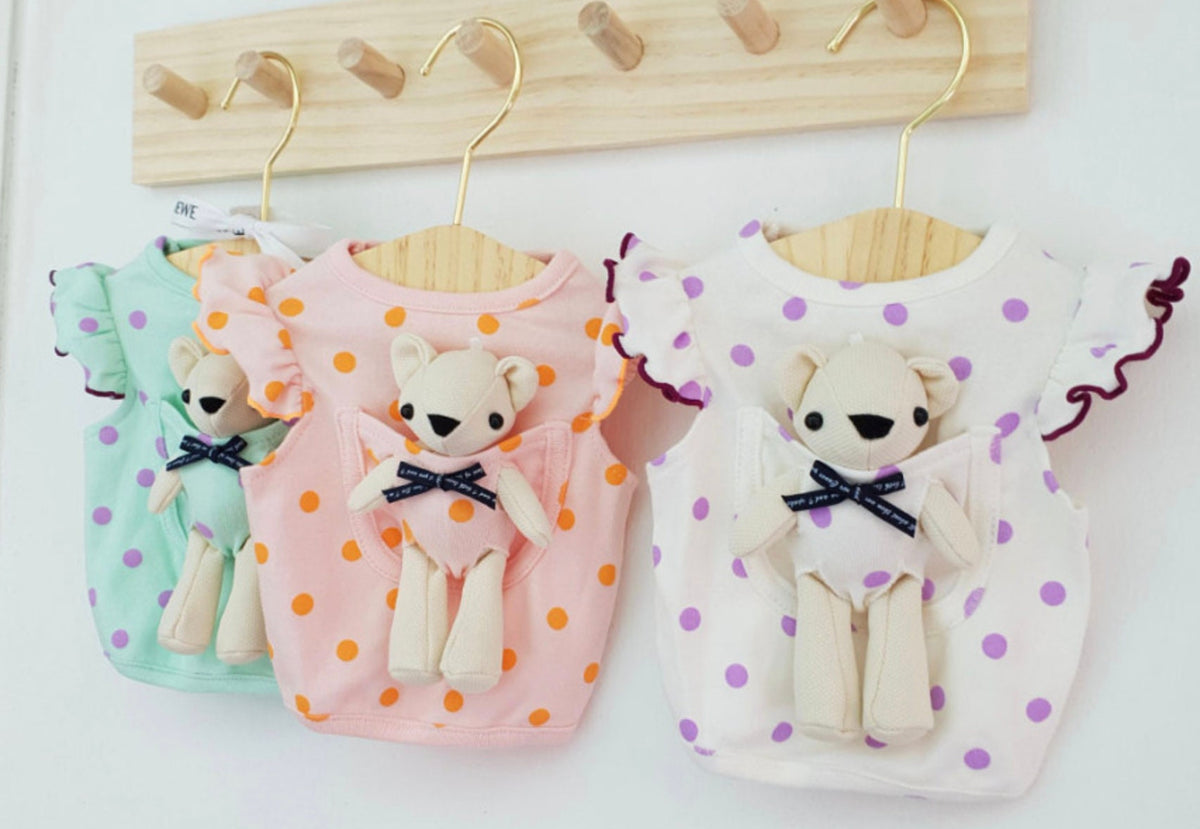 Three NKpup Teddy Bear Pocket Dog Shirts in mint, pink, and white with polka dot patterns.