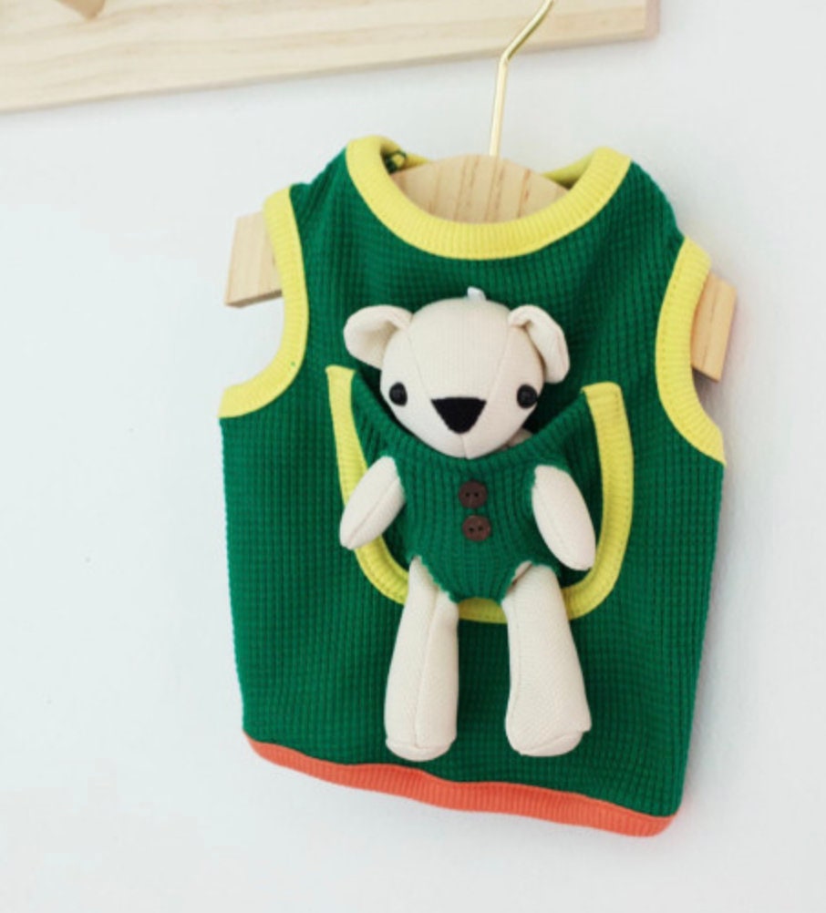 Green Plush Teddy Bear Dog Tank Top with yellow trim and a small teddy bear applique.