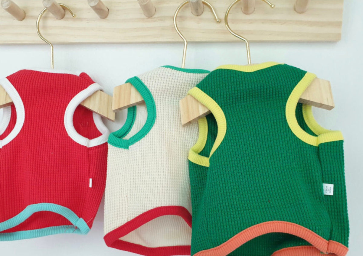 Plush Teddy Bear dog tank tops in red, cream, and green ribbed fabric by NKpup