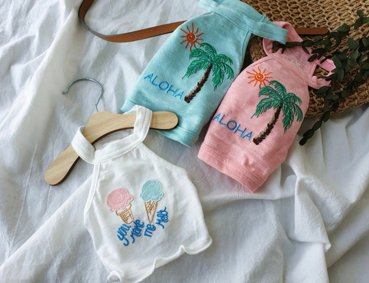 NKpup Ice Cream Dog Crop Tank Tops in white, light blue, and pink with embroidered designs.