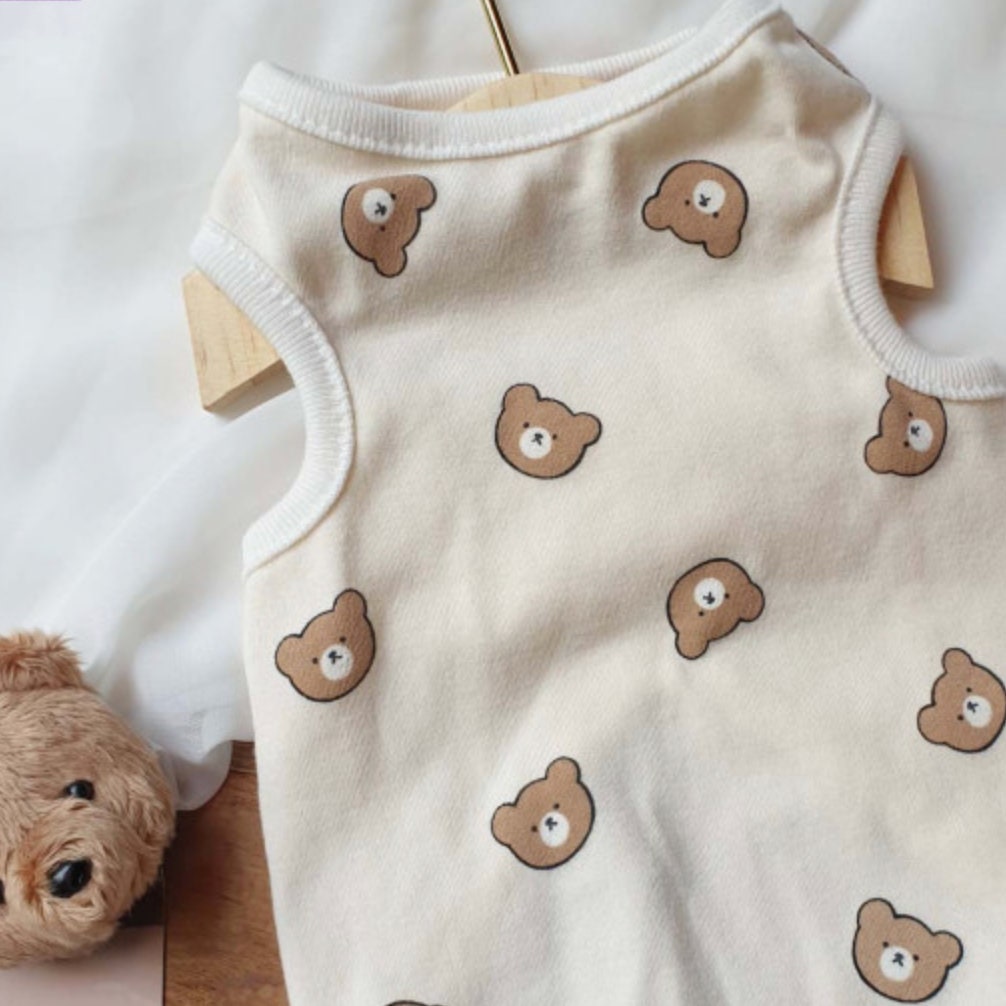 NKpup Bear Face Dog Tank Top in cream with brown bear pattern