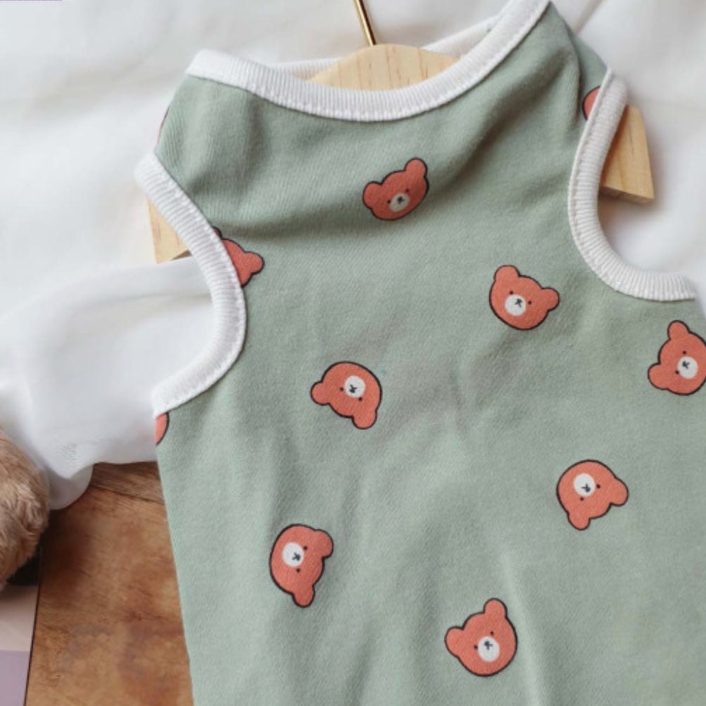 NKpup Bear Face Dog Tank Top in sage green with cute bear pattern
