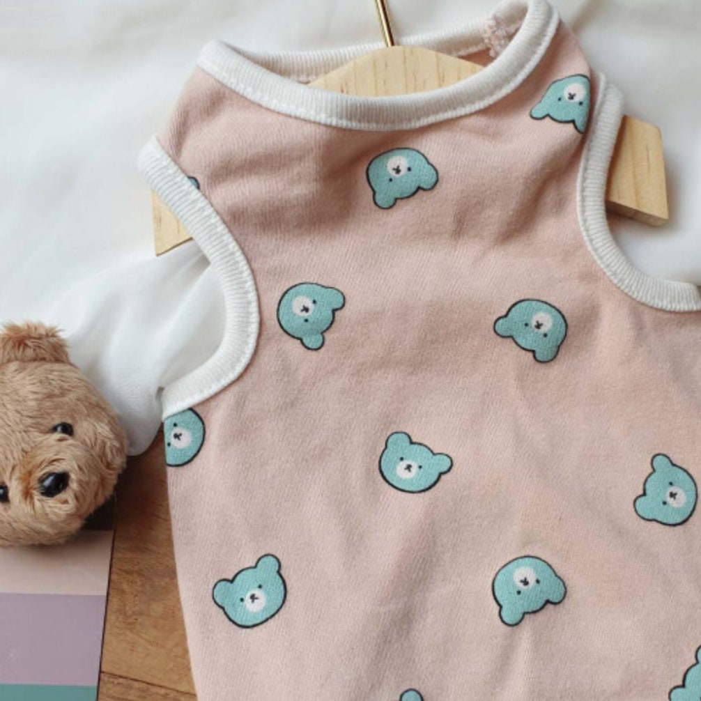 NKpup Bear Face Dog Tank Top in light pink with blue bear pattern