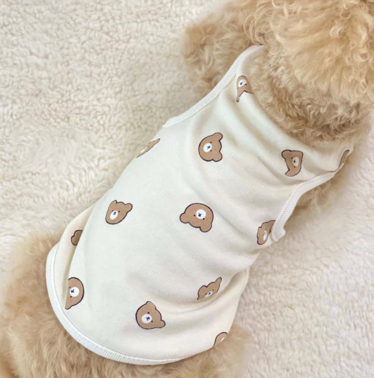 NKpup Bear Face Dog Tank Top in cream with brown bear pattern