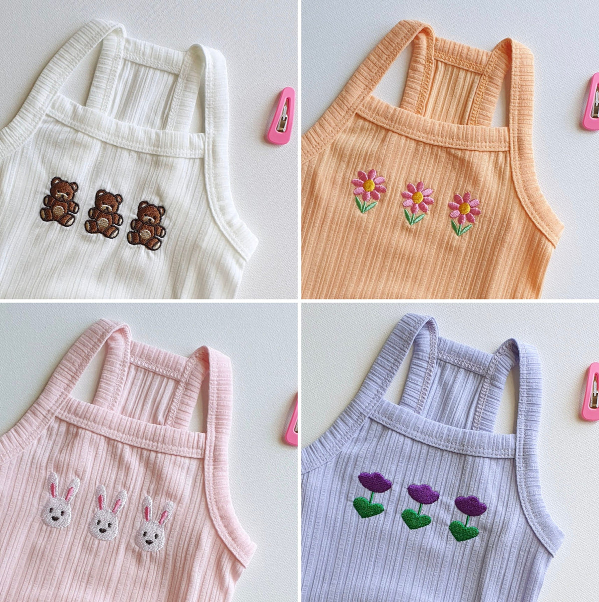 NKpup Animal Garden dog crop tank tops in white, orange, pink, and purple with cute animal embroidery