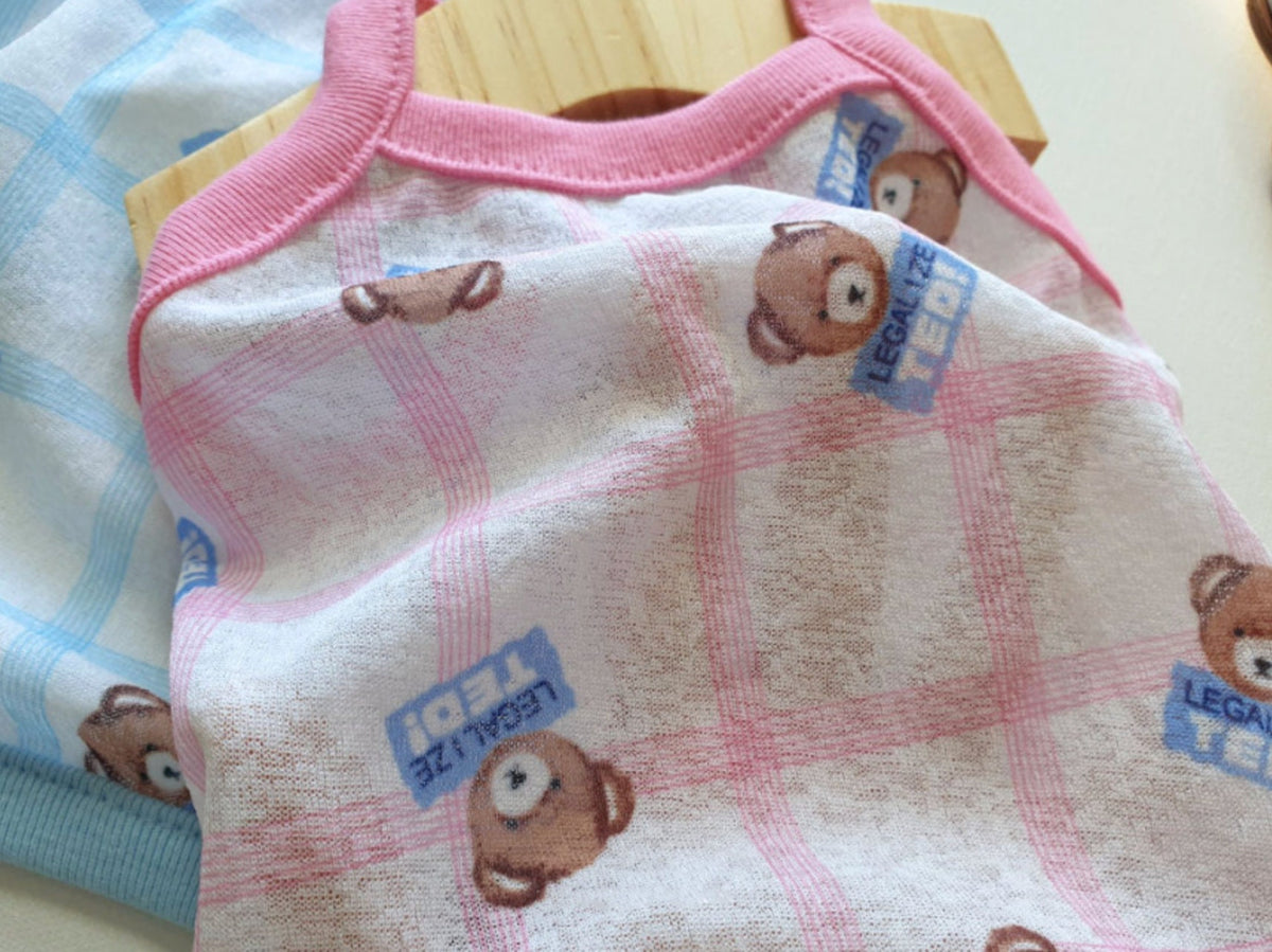Pink and white plaid teddy bear print dog tank top by NKpup