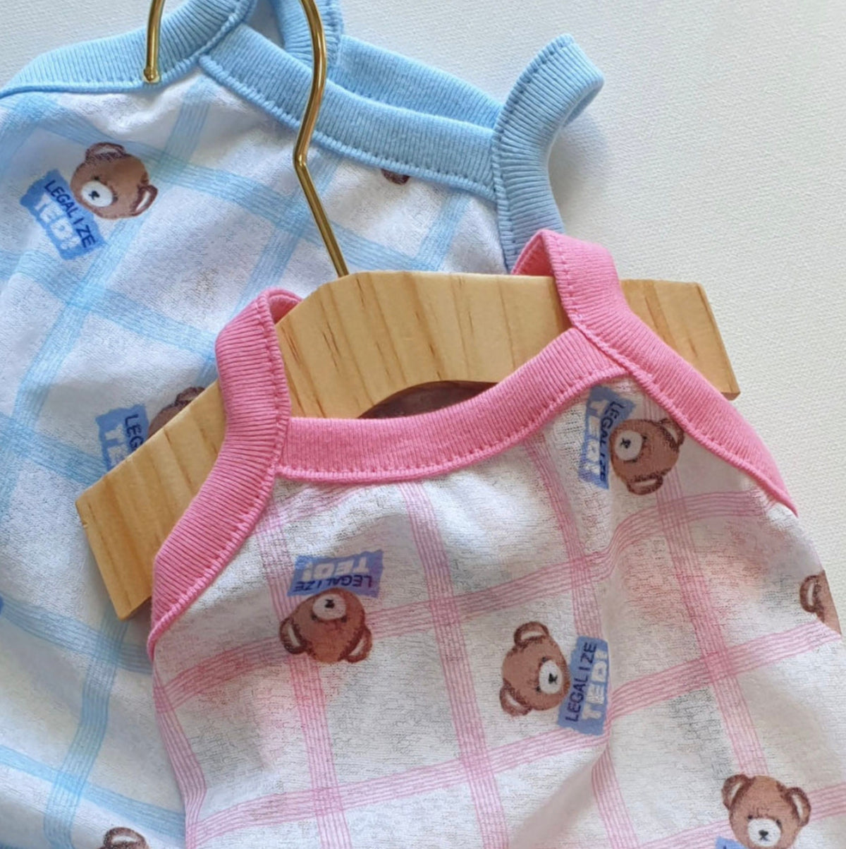 Teddy Bear Dog Tank Top in blue and pink plaid patterns with bear prints.