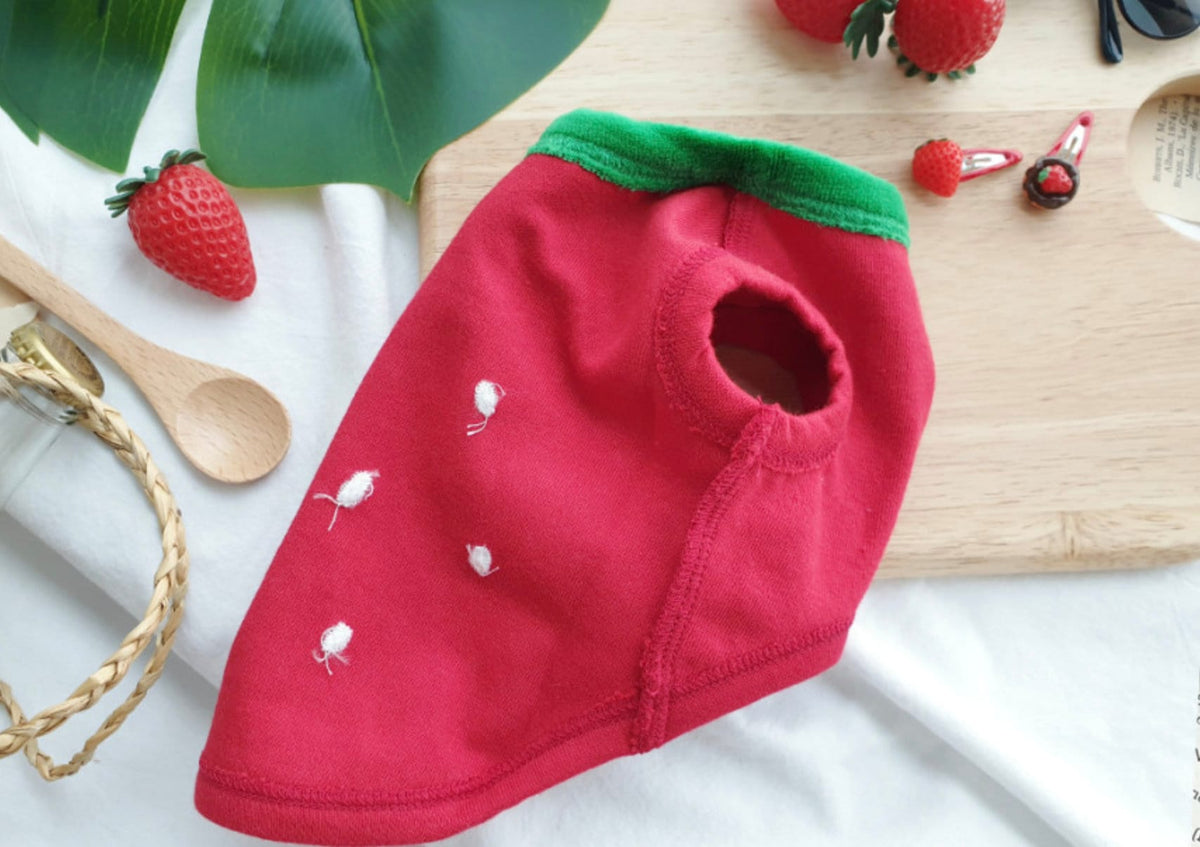 Red Halloween strawberry fleece dog shirt with white seed patterns and green trim.