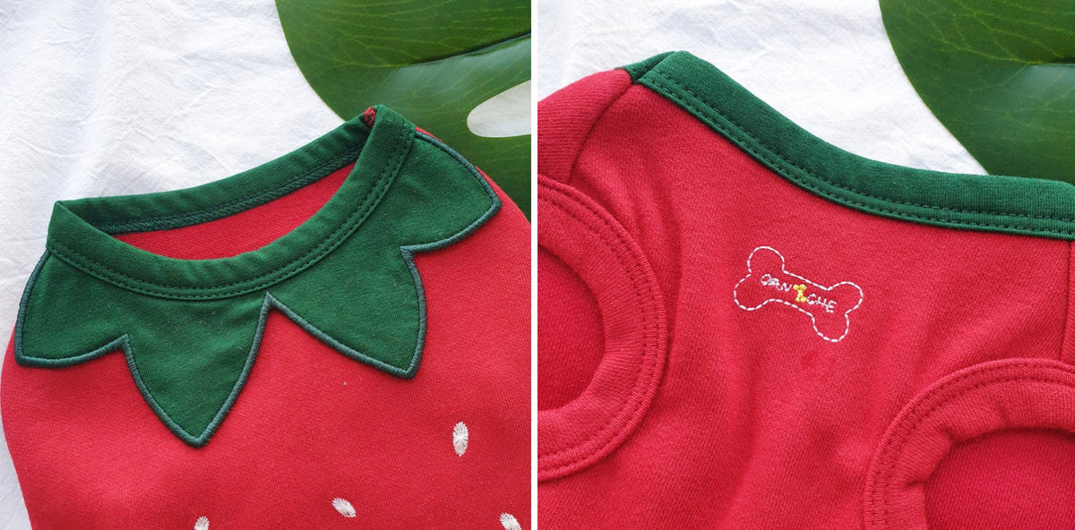 Red Halloween strawberry fleece dog shirt with green leaf collar and white seed details.