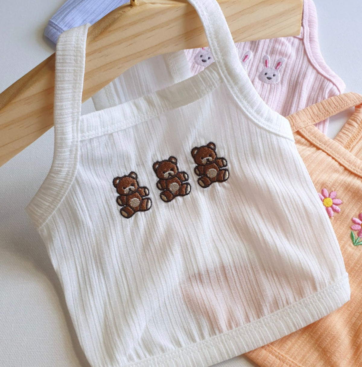 White NKpup Animal Garden dog crop tank top with three brown bear embroidery designs