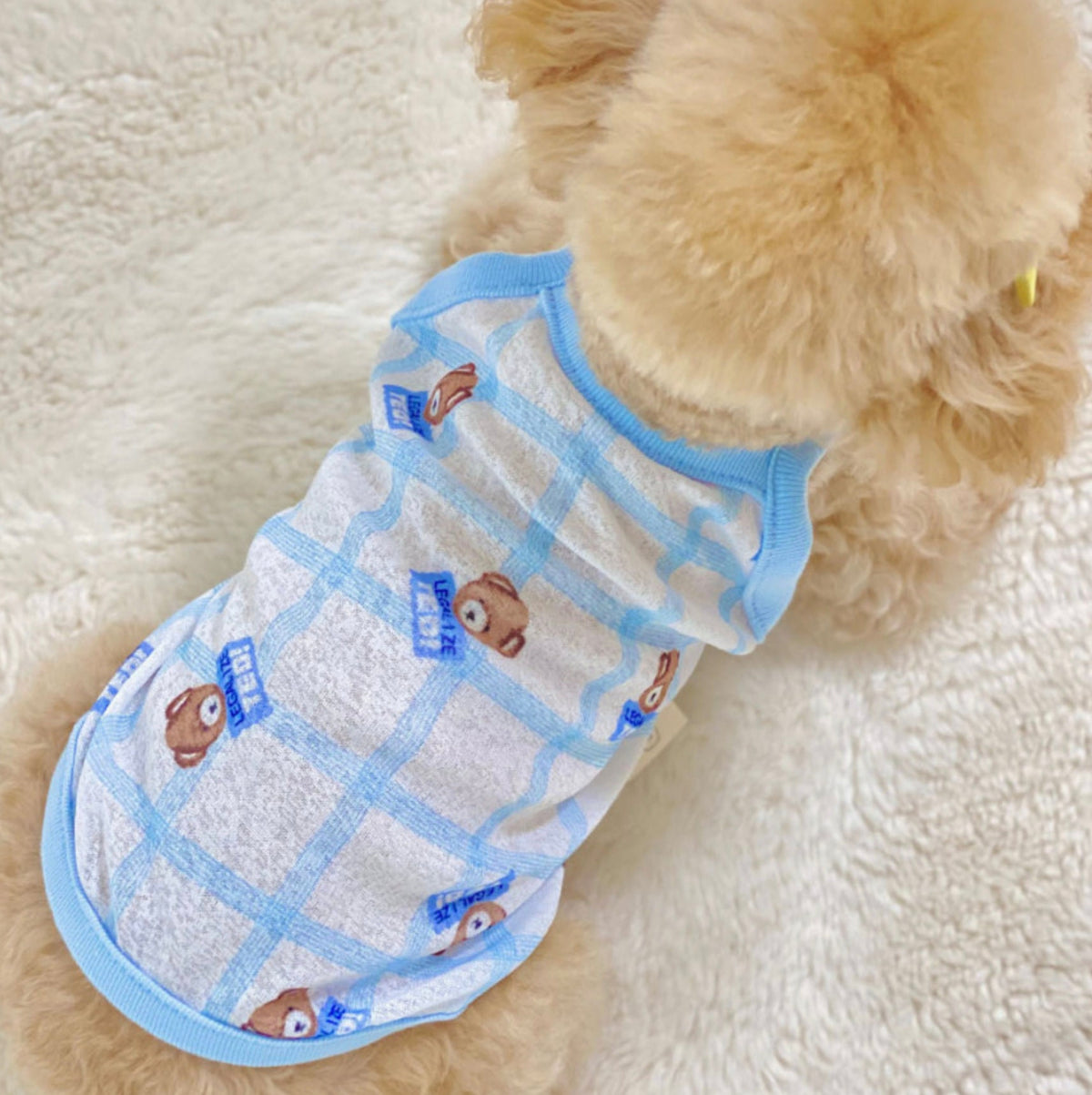 Blue and white plaid NKpup teddy bear print dog tank top