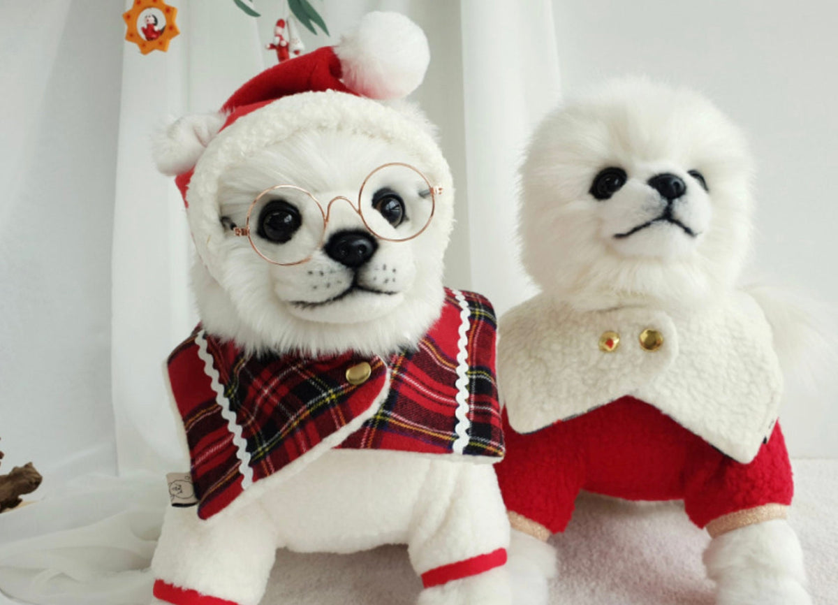 NKpup reversible red plaid dog cape with white lace trim and gold button