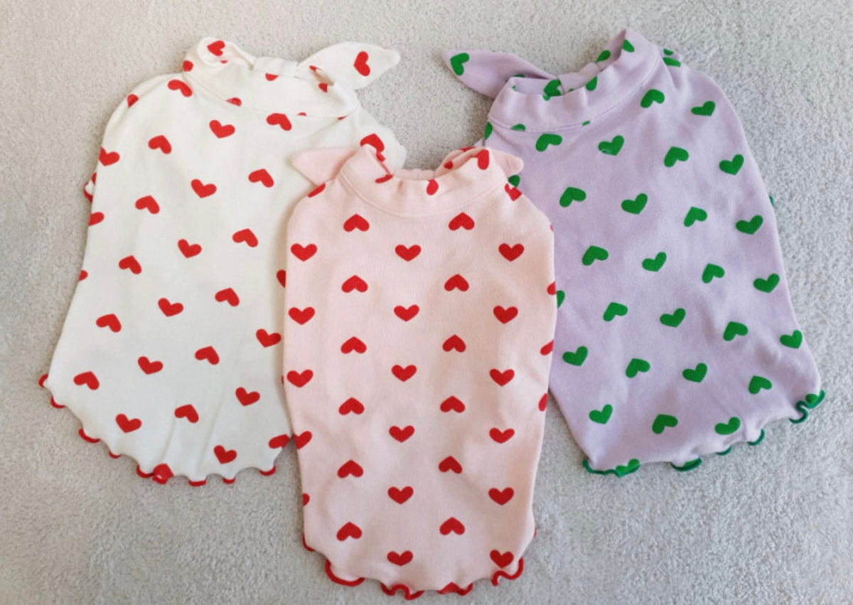 NKpup Heart Tie Dog Shirts in white, pink, and lavender with red and green heart patterns