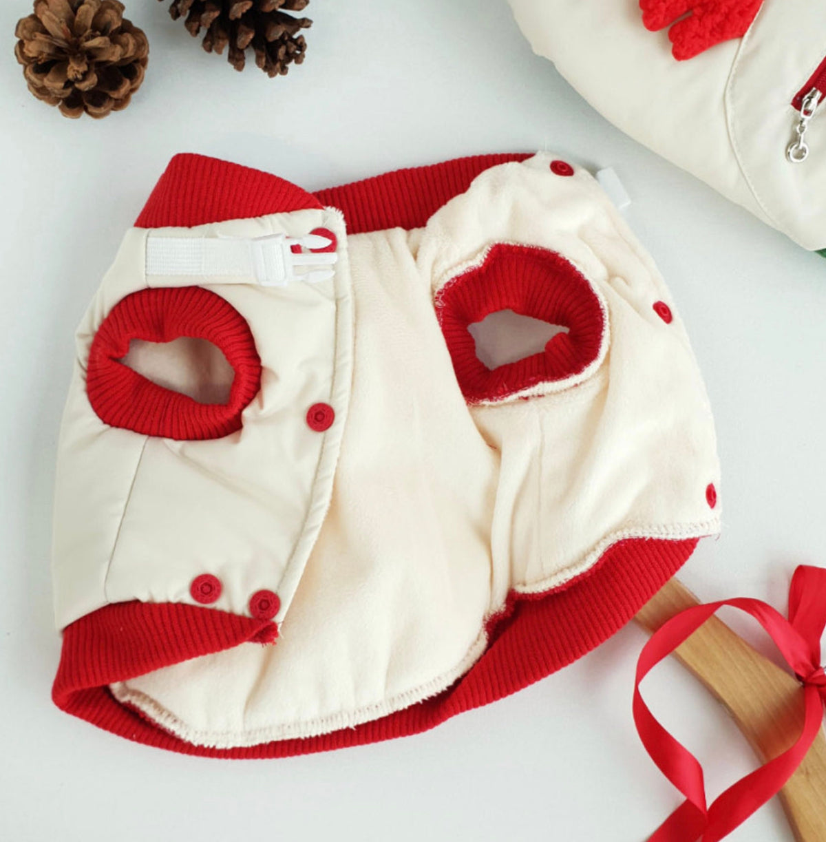 Christmas Rudolph padded dog vest in cream and red with a white buckle