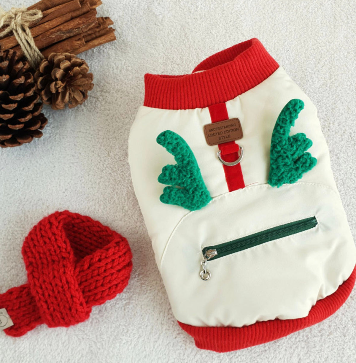 Christmas Rudolph D-Ring Padded Dog Vest in white and red with green reindeer antlers and a matching red knit hat