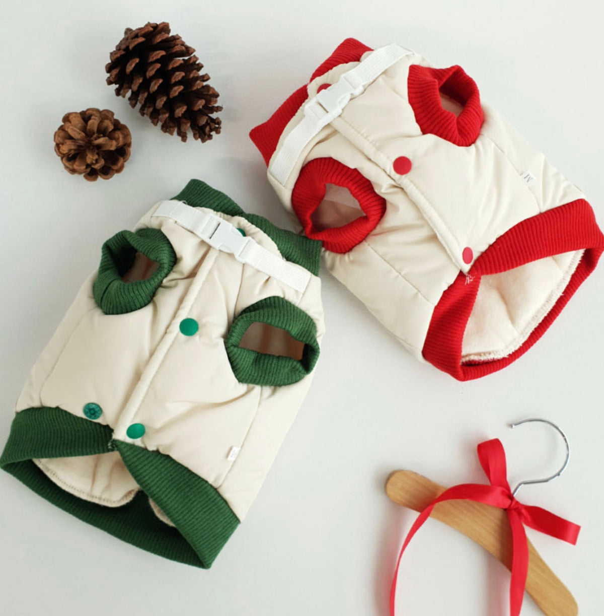 Christmas Rudolph padded dog vests in cream with red and green trim