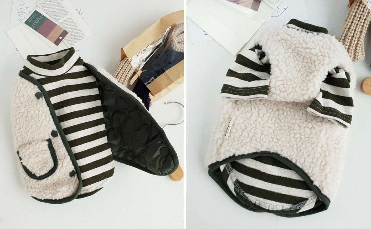 NKpup reversible bomber dog vest in cream sherpa fleece and olive green striped pattern