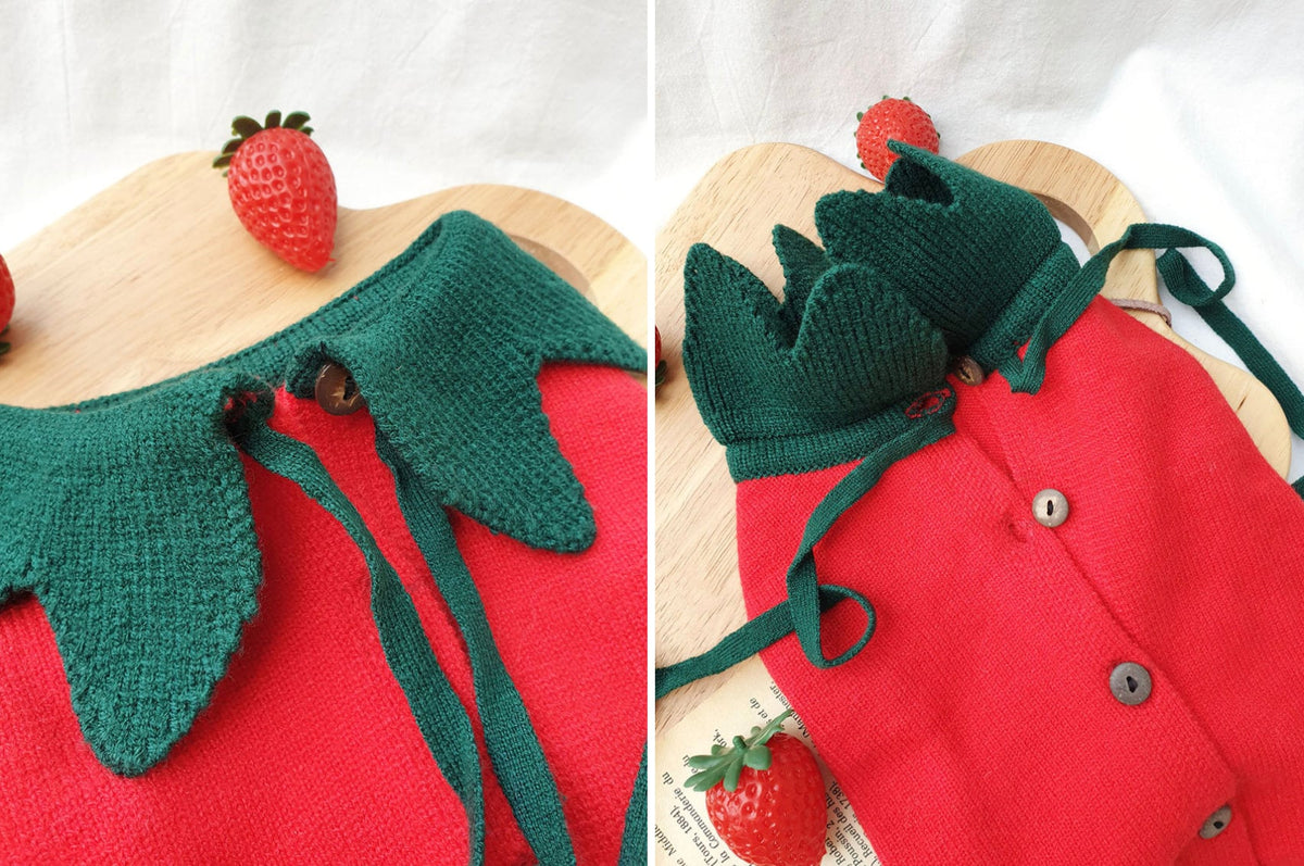 Red Halloween strawberry knit dog vest with green leaf collar and button details by NKpup