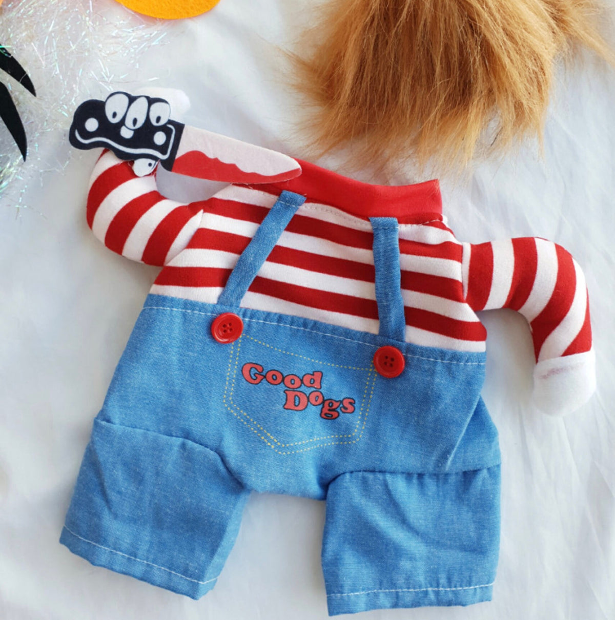 Halloween Chucky dog costume featuring a red and white striped shirt and blue denim overalls with Good Dogs text.