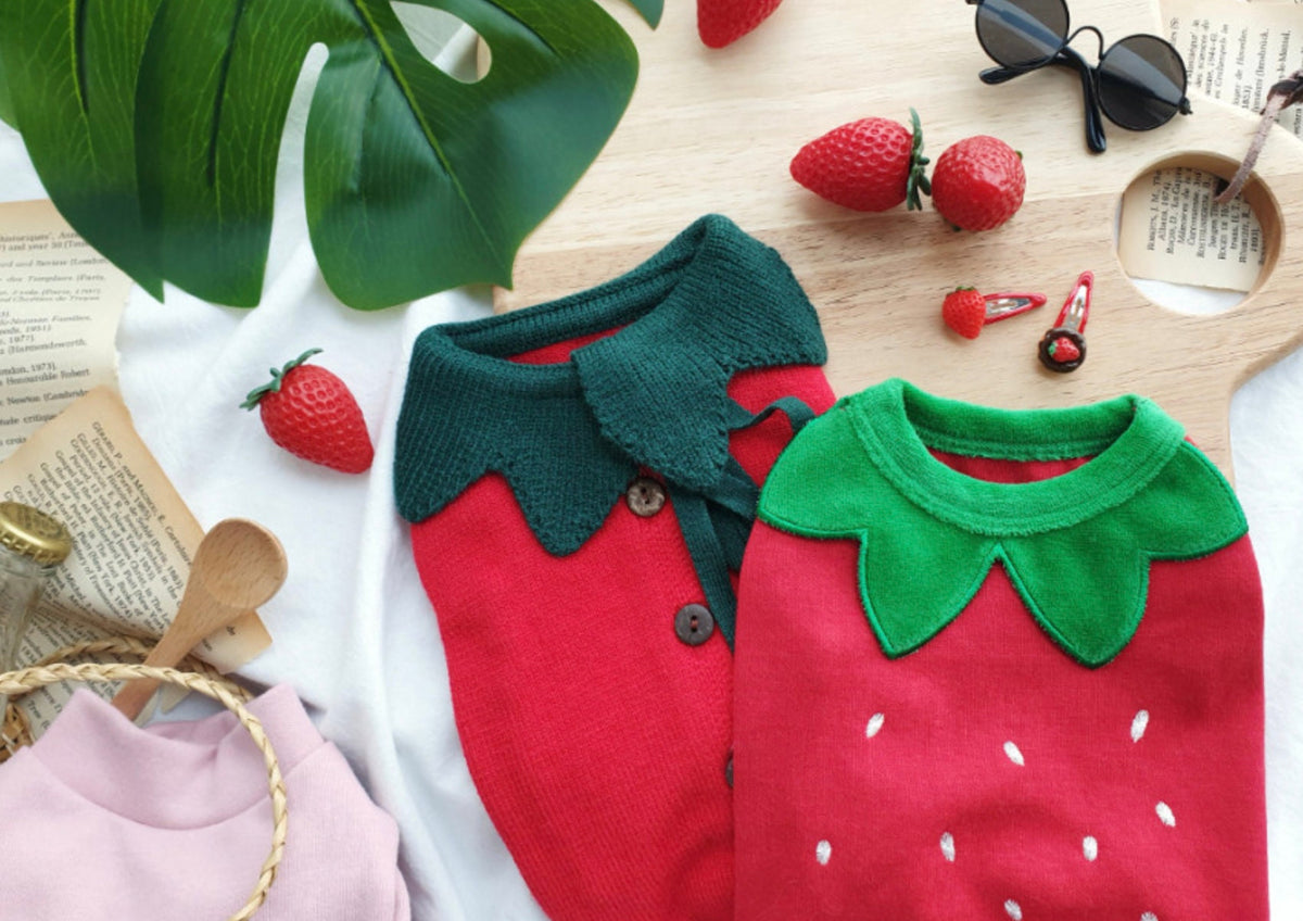 NKpup Halloween strawberry fleece dog shirts in red with green leaf collar details