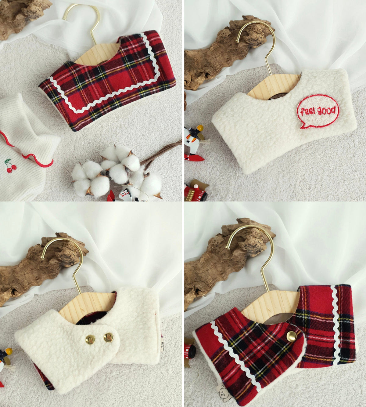 NKpup reversible plaid dog cape in red and white fleece with gold button details