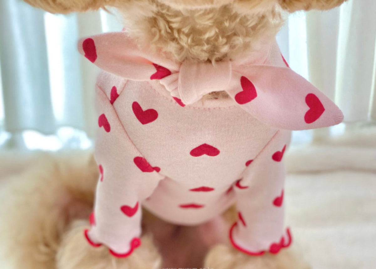 NKpup pink Heart Tie Dog Shirt with red heart pattern and bow detail