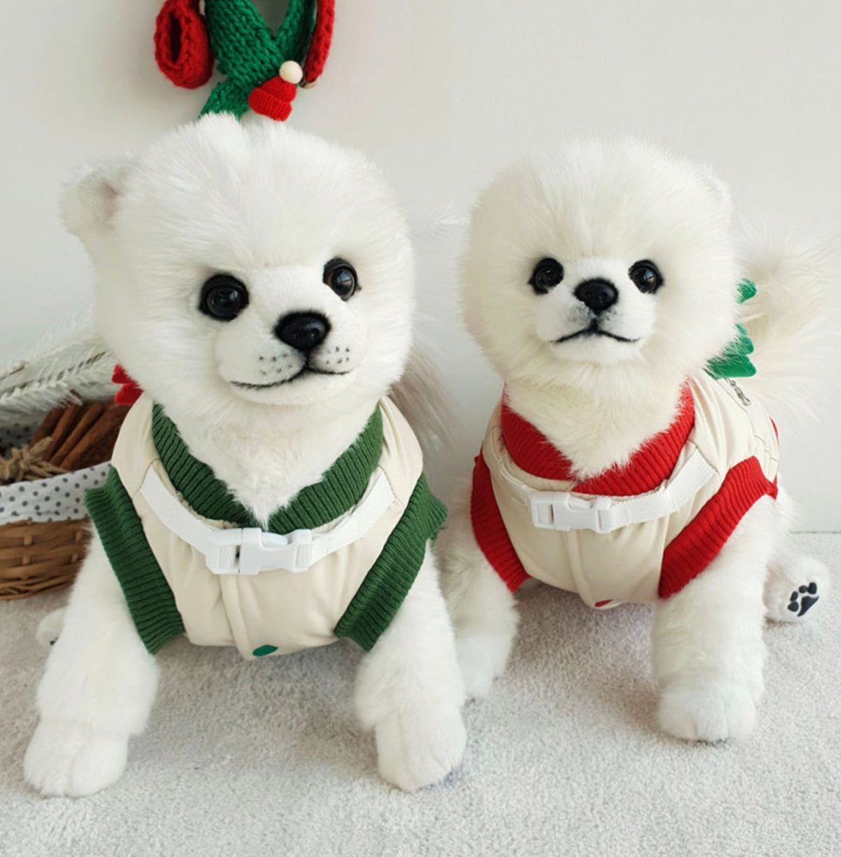 NKpup Christmas Rudolph padded dog vests in green and red with D-ring details.