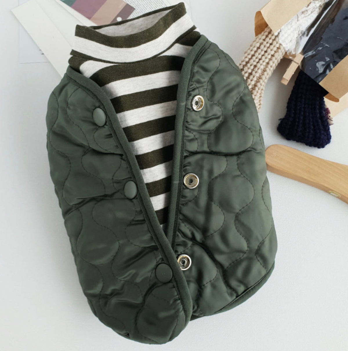 NKpup reversible olive green quilted bomber dog vest with snap buttons