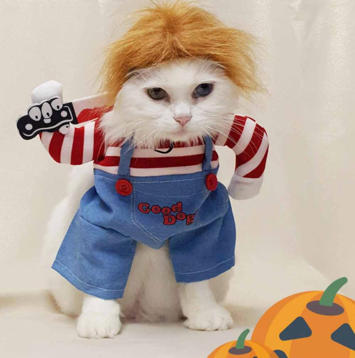 NKpup Halloween Chucky dog costume featuring a red and white striped shirt and blue denim overalls