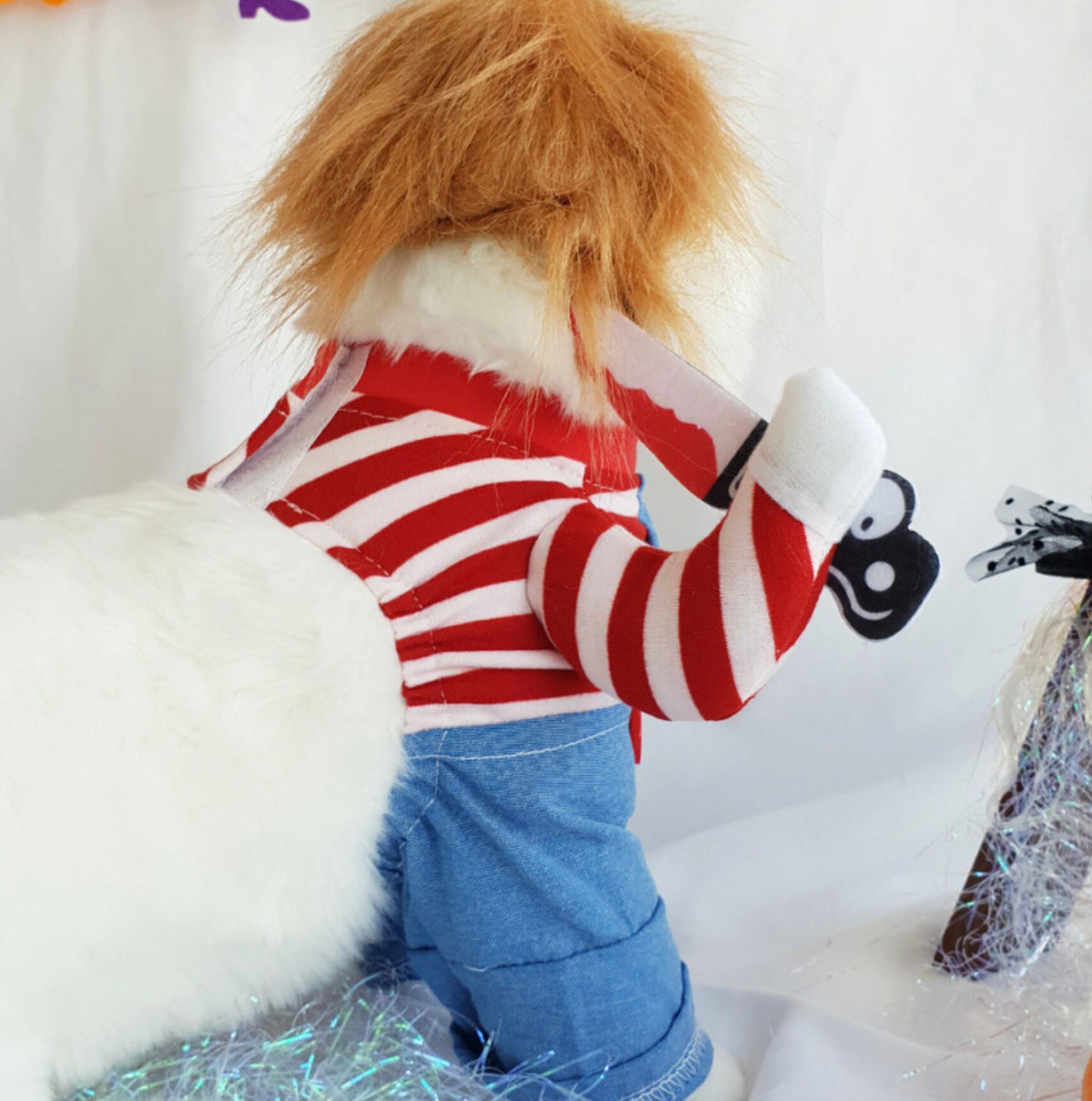 NKpup Halloween Chucky dog costume featuring a red and white striped shirt and blue overalls.