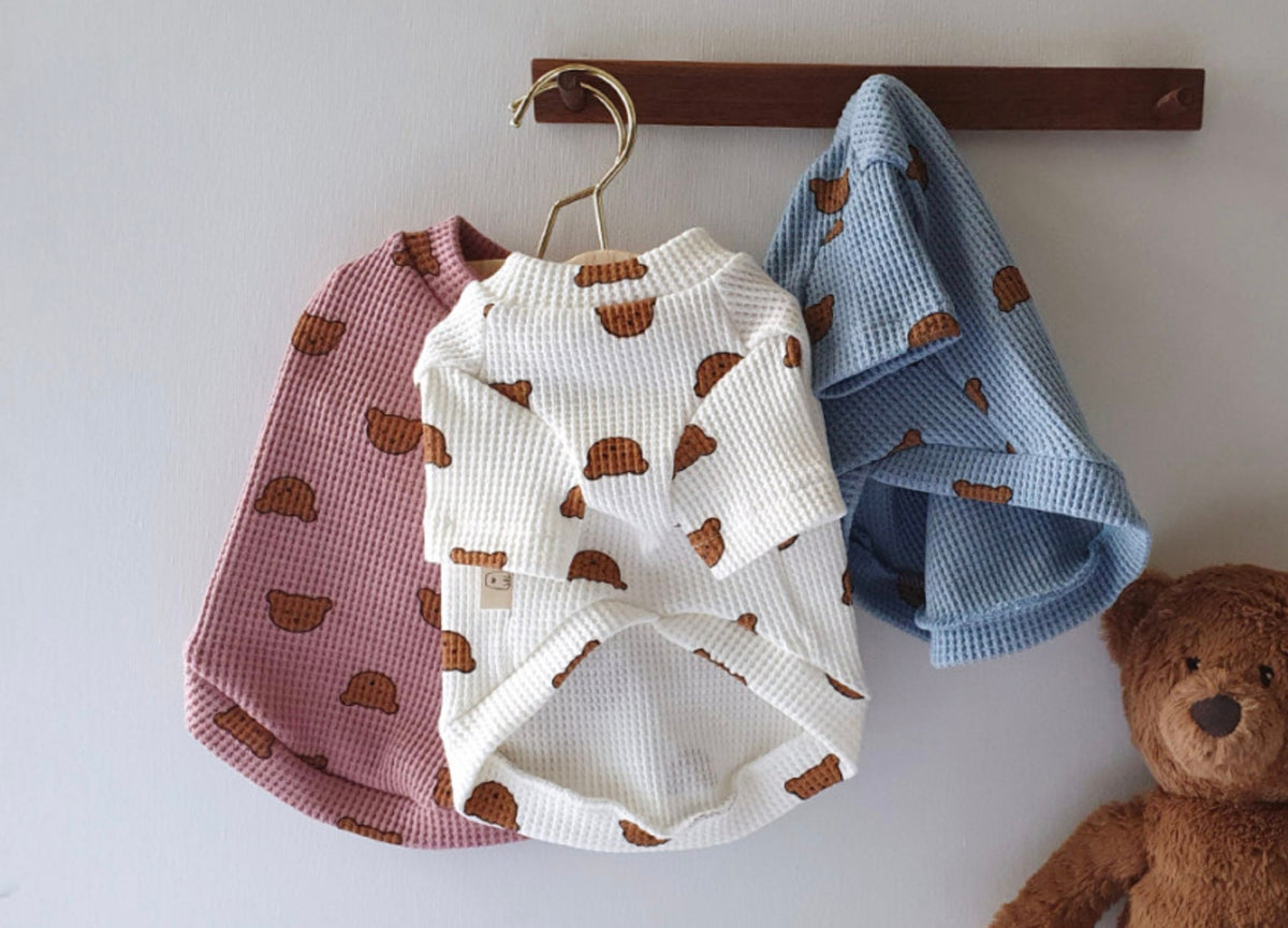 NKpup Bear Waffle Dog Shirts in dusty rose, white, and blue with a bear pattern